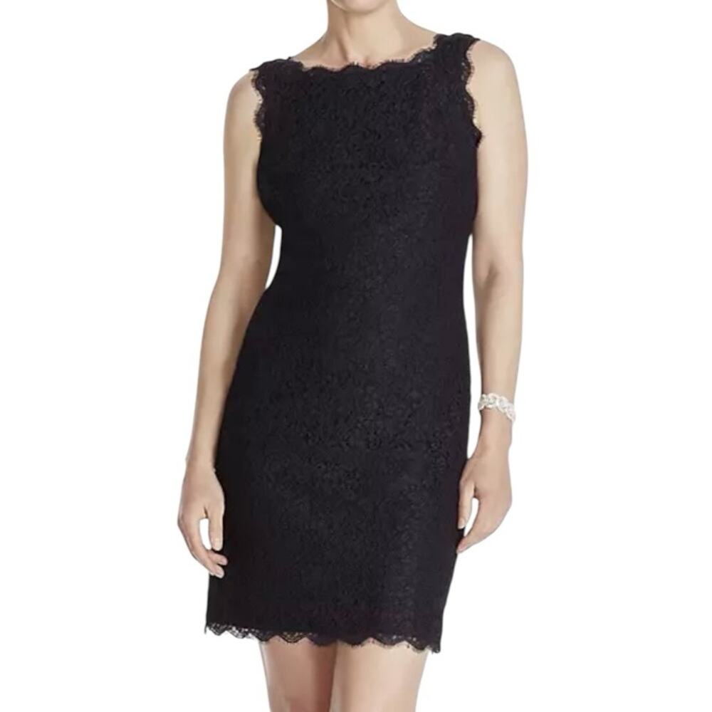 Adrianna Papell Black Lace Sheath Dress 8 M Scalloped Boat Neck Back Exposed Zip